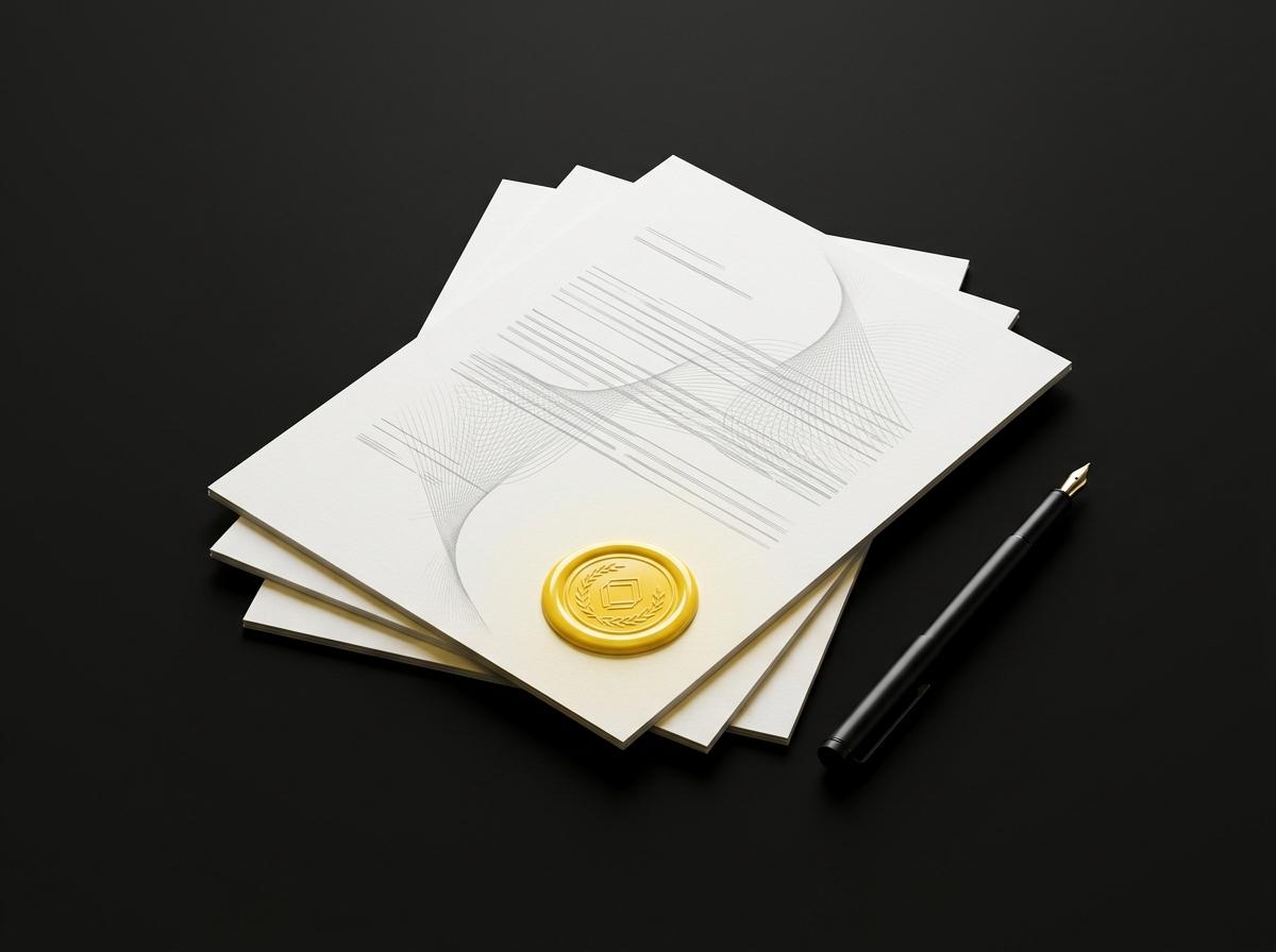 Contratos apilados con un sello dorado y una pluma